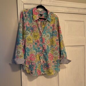 Talbots Multicolor Floral Classic Cotton Shirt with contrasting stripe cuffs
